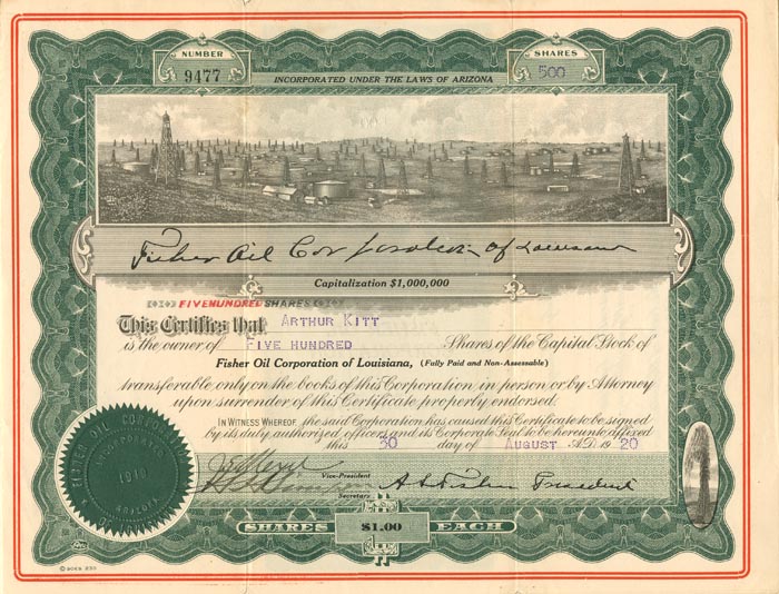 Fisher Oil Corporation of Louisiana - Stock Certificate